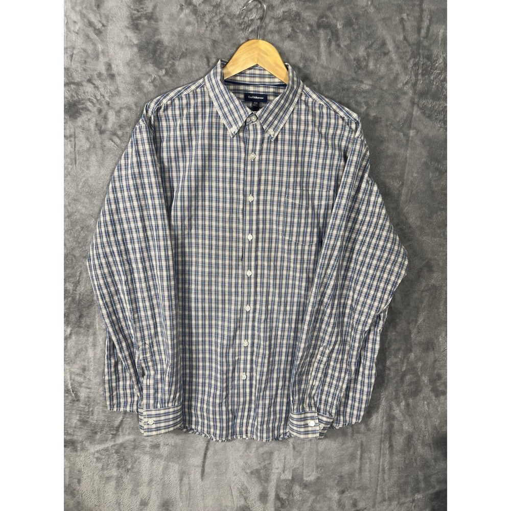 Croft & Barrow Mens XXL Blue Brown Plaid Button Down Long Sleeve Shirt Pocket